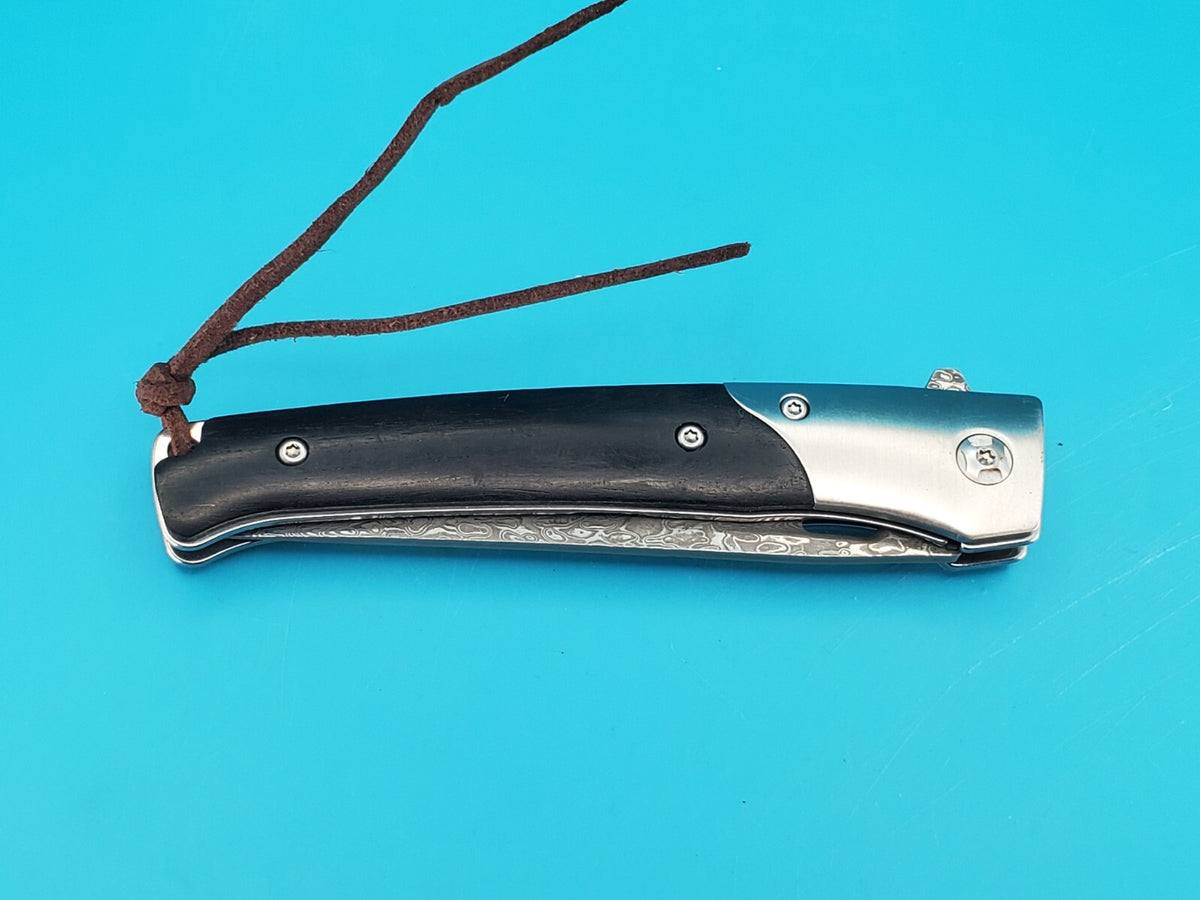 Damascus Pocket Knife, Wood handle! With Leather Sheath!