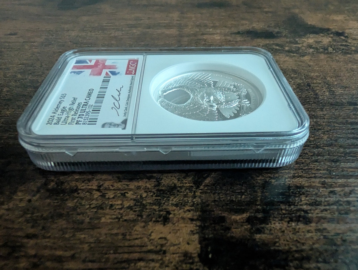 2024 Alderney £5 2oz Silver Bald Eagle UHR Proof NGC PF70 UC FDOI Jody Clark Sig