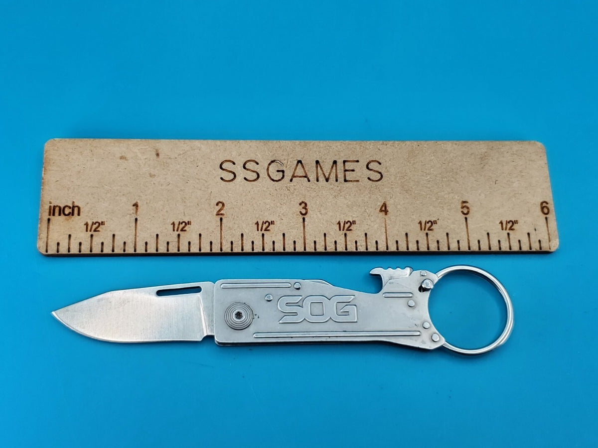 SOG Keychain Folding Pocket Knife Lockback Bottle Opener Gray Aluminum Handle!