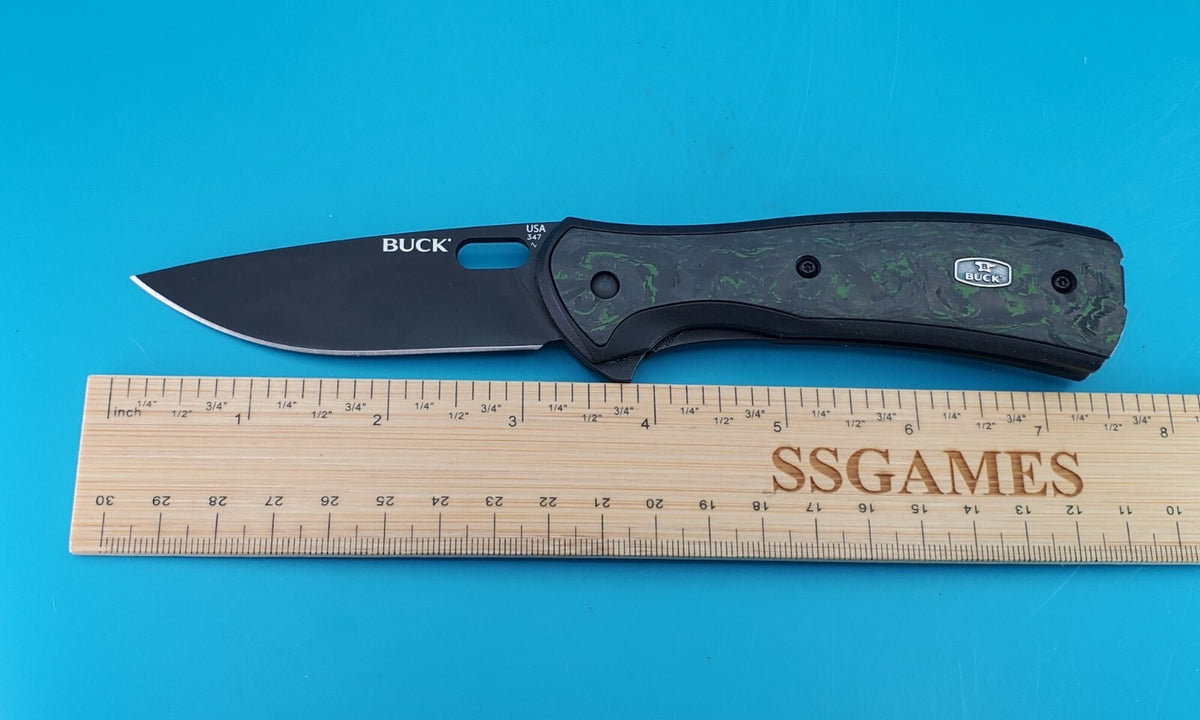 Buck March 2024 BOTM 347 Vantage! Green Marbled CF! Armor Black Cerakote S35VN