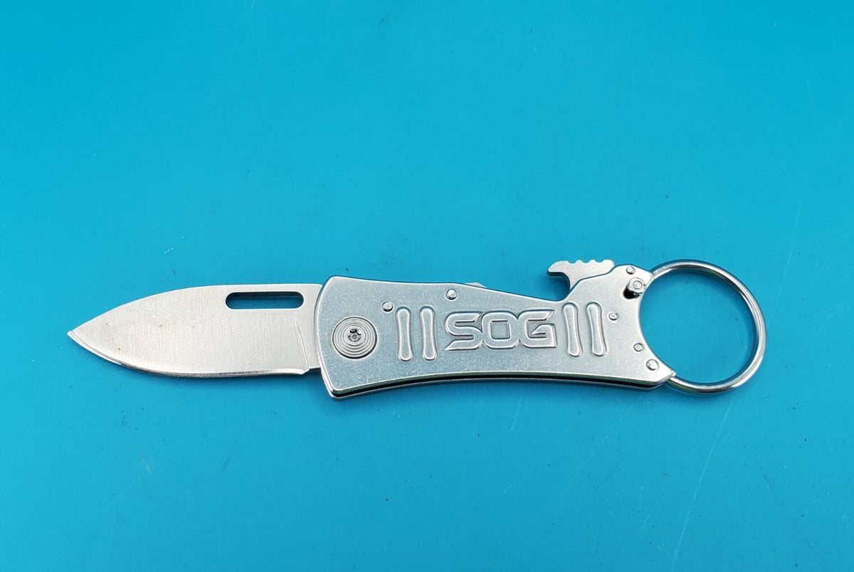 SOG Keychain Folding Pocket Knife Lockback Bottle Opener Gray Aluminum Handle!