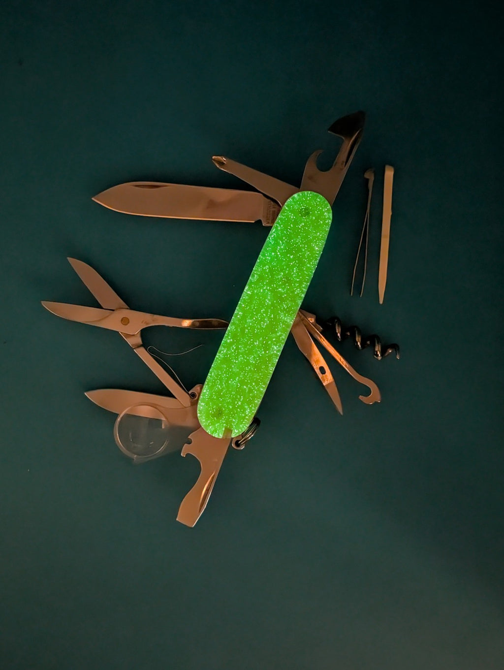 Custom Victorinox Explorer Firefly Green Glow in the Dark Swiss Army Knife! 91mm