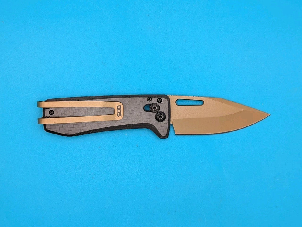 SOG Ultra Folding Knife 2⅞" Gold TiNi CPM S35VN Steel Blade Carbon Fiber Handle