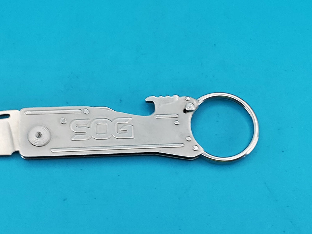 SOG Keychain Folding Pocket Knife Lockback Bottle Opener Gray Aluminum Handle!