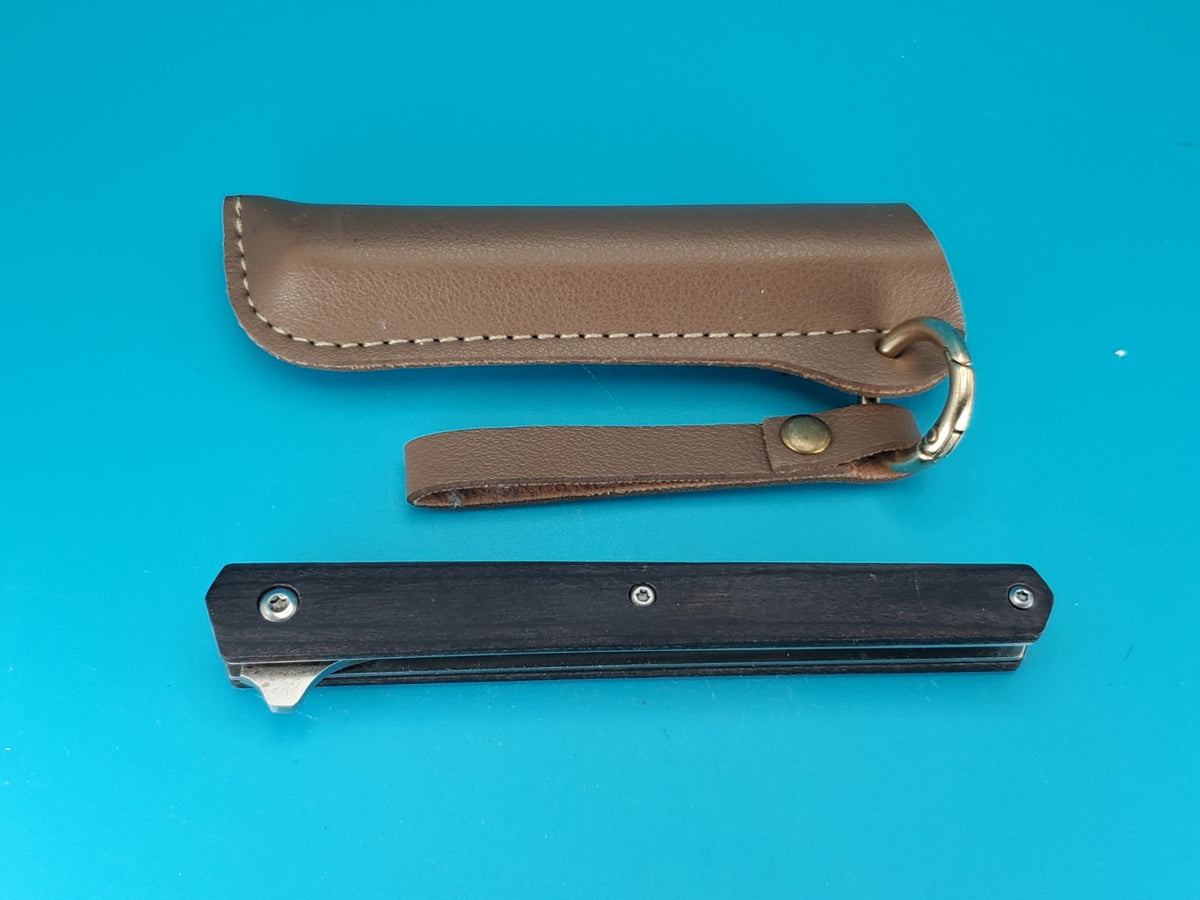 M390 Blade Wood Handle Plain Edge Flipper Knife! With Leather Sheath!