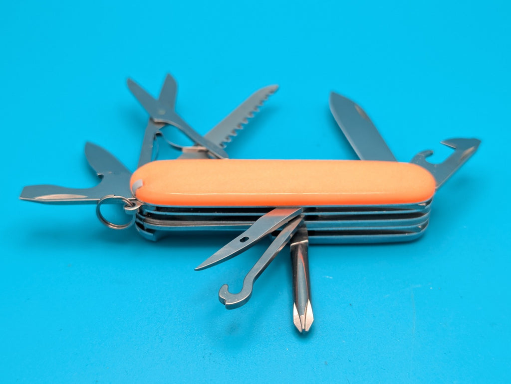 CUSTOM VICTORINOX FIELDMASTER GLOW IN THE DARK ORANGE & BLUE SWISS ARMY KNIFE!