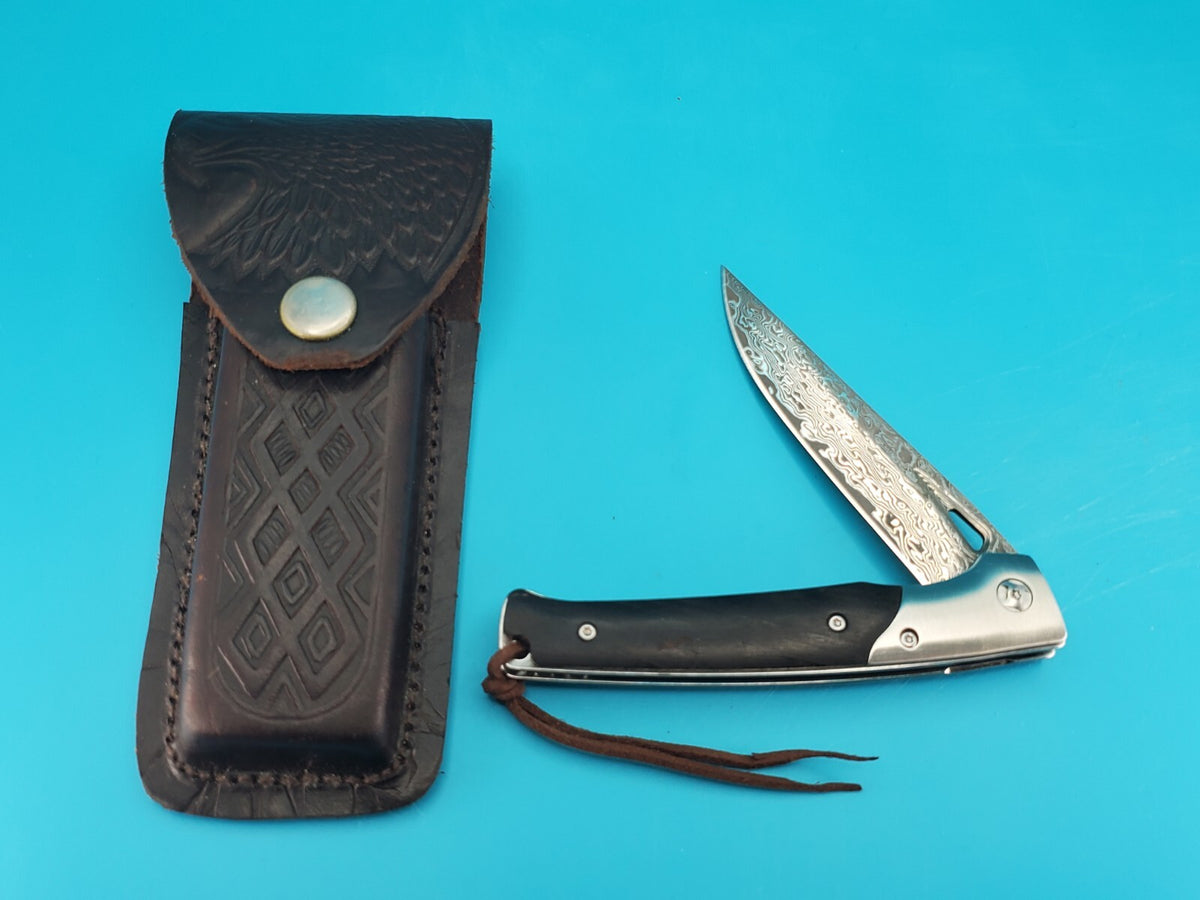 Damascus Pocket Knife, Wood handle! With Leather Sheath!