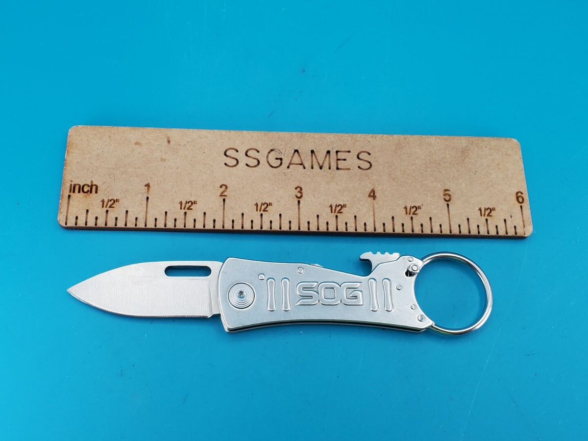 SOG Keychain Folding Pocket Knife Lockback Bottle Opener Gray Aluminum Handle!