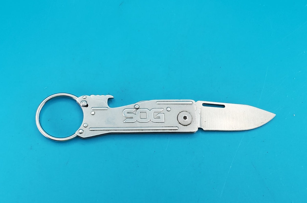 SOG Keychain Folding Pocket Knife Lockback Bottle Opener Gray Aluminum Handle!