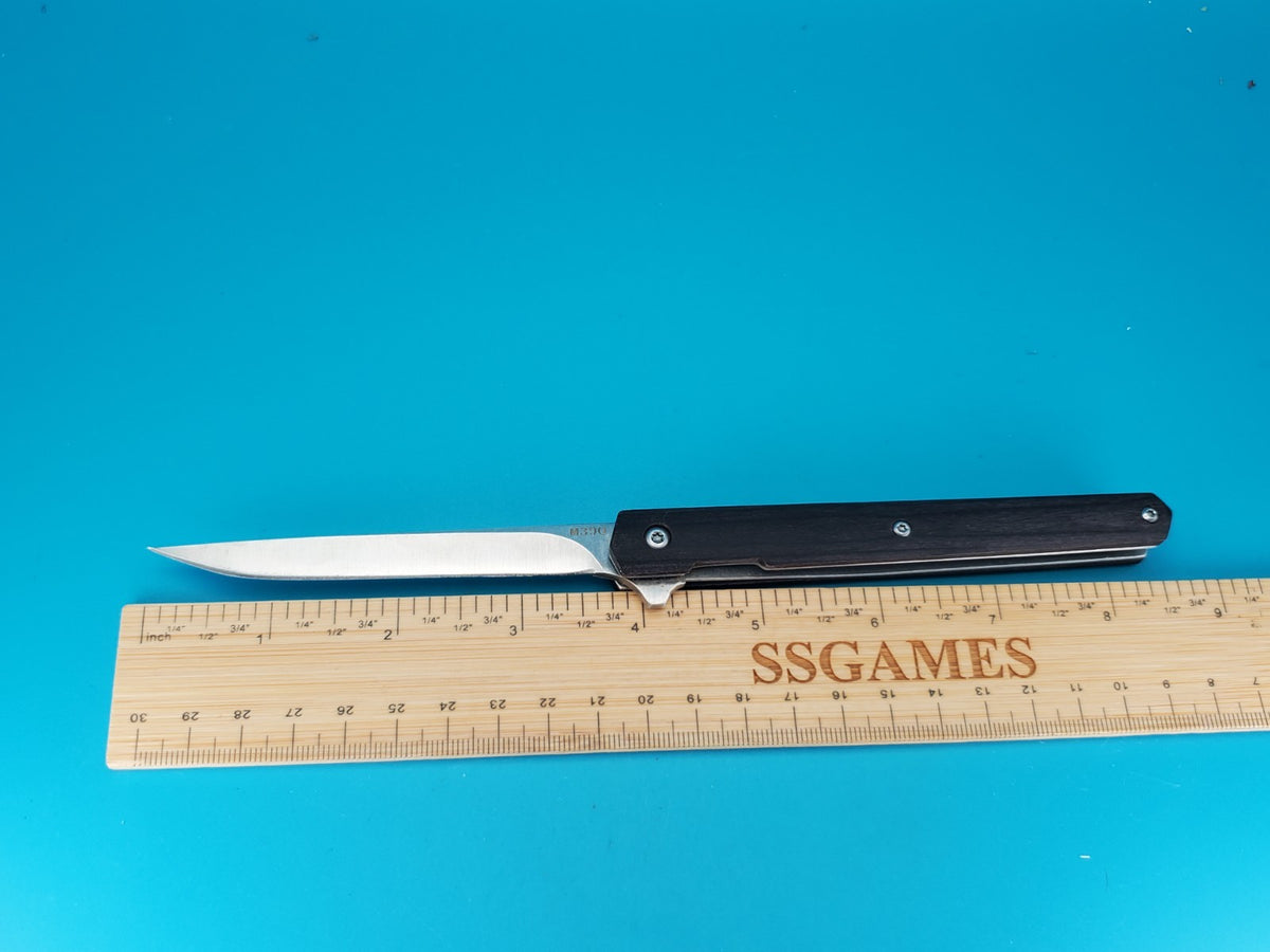 M390 Blade Wood Handle Plain Edge Flipper Knife! With Leather Sheath!