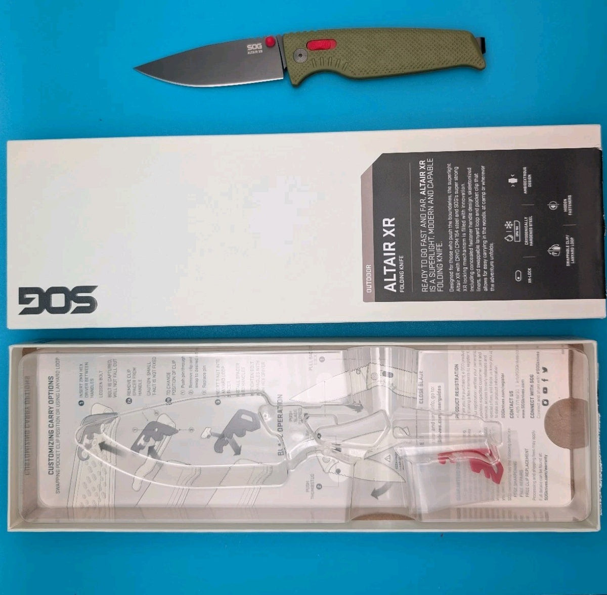 SOG Altair XR Field Green Stone Blue CRYO 154CM Folding Knife NEW