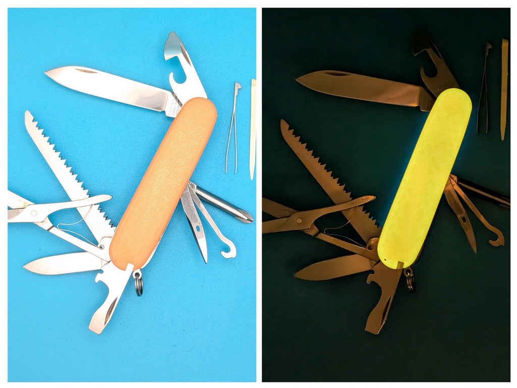 CUSTOM VICTORINOX FIELDMASTER GLOW IN THE DARK ORANGE & BLUE SWISS ARMY KNIFE!