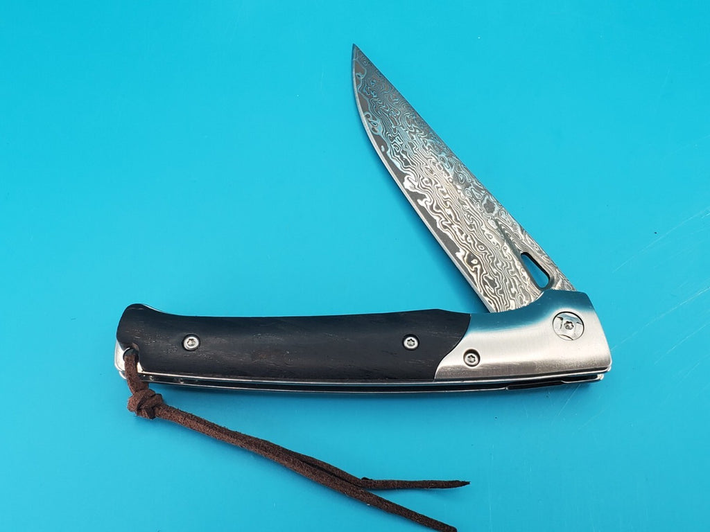 Damascus Pocket Knife, Wood handle! With Leather Sheath!