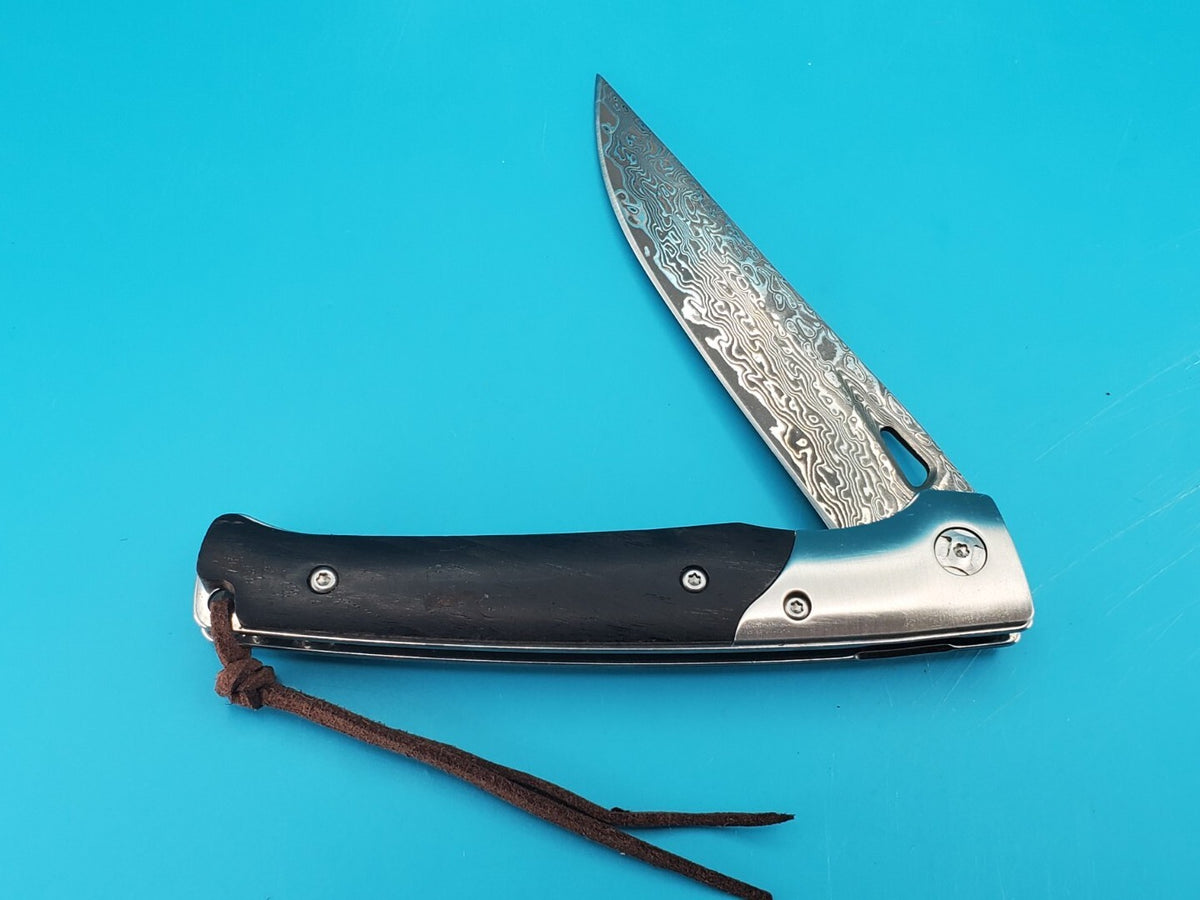 Damascus Pocket Knife, Wood handle! With Leather Sheath!