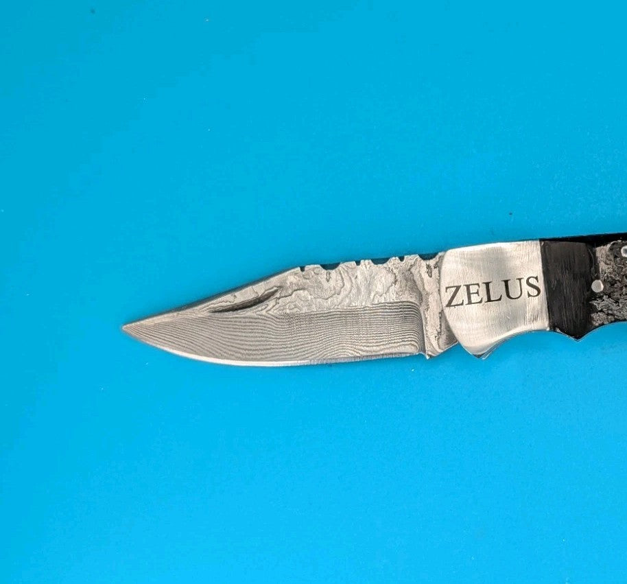 Zelus Damascus Blade Plain Edge Lockback Knife! With Leather Sheath!