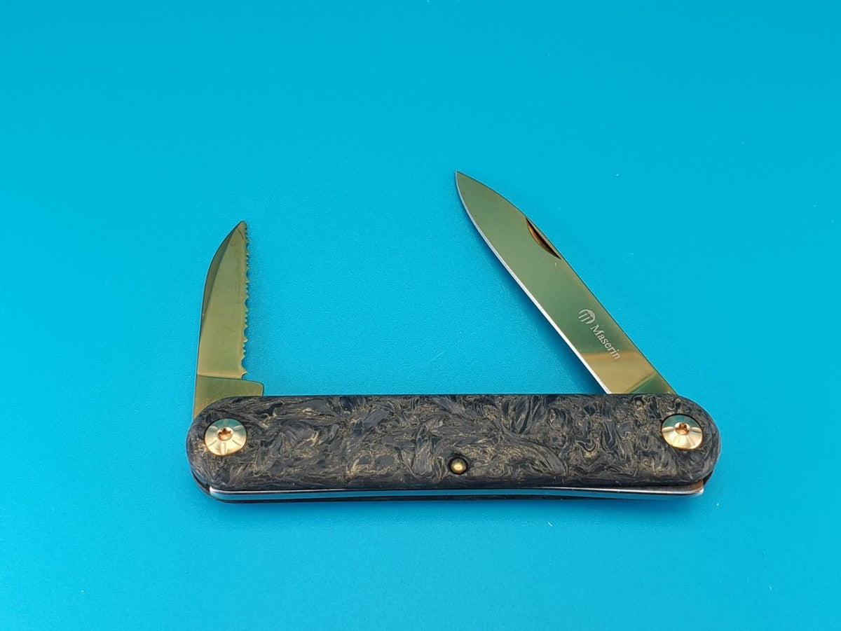 MASERIN SESSANTESIMO GOLDEN SWIRLED FAT CARBON TWO BLADE  POCKET KNIFE!