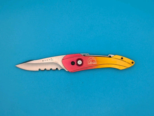Buck 436 Whittaker Short Revolution Carabiner Knife Red/Gold Serrated USA