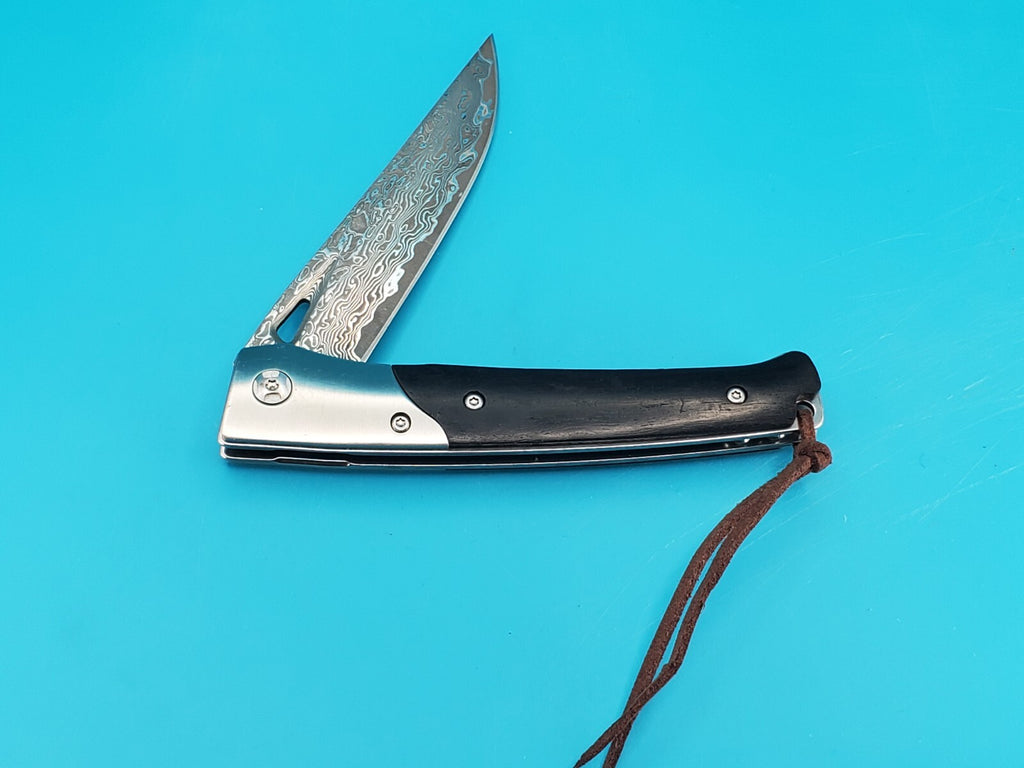Damascus Pocket Knife, Wood handle! With Leather Sheath!