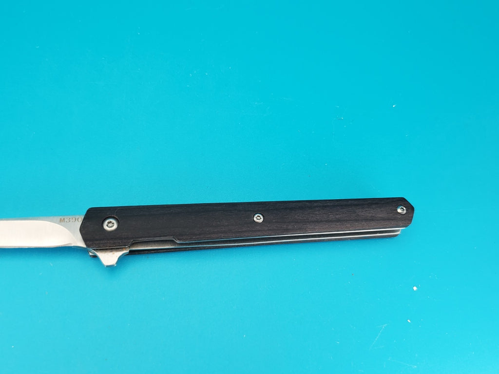 M390 Blade Wood Handle Plain Edge Flipper Knife! With Leather Sheath!