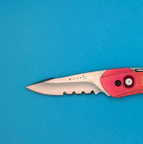 Buck 436 Whittaker Short Revolution Carabiner Knife Red/Gold Serrated USA