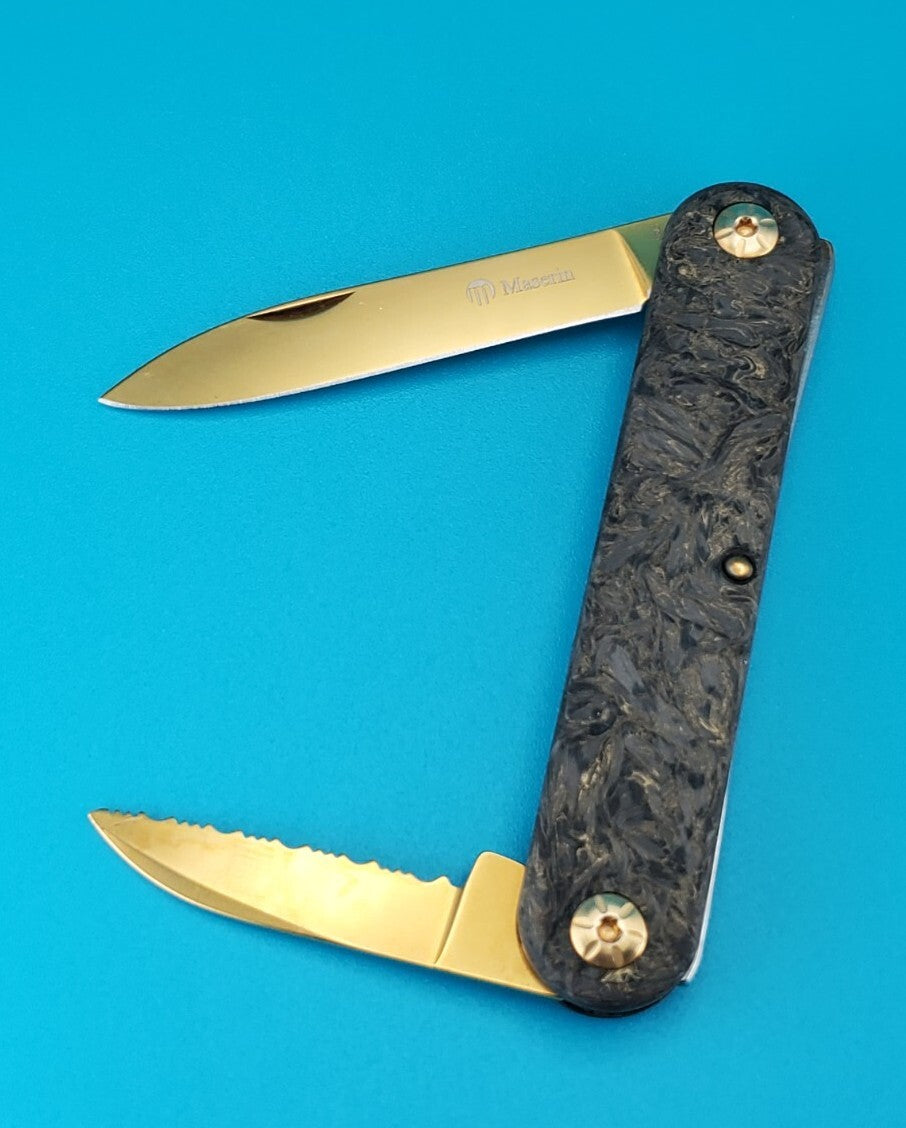 MASERIN SESSANTESIMO GOLDEN SWIRLED FAT CARBON TWO BLADE  POCKET KNIFE!
