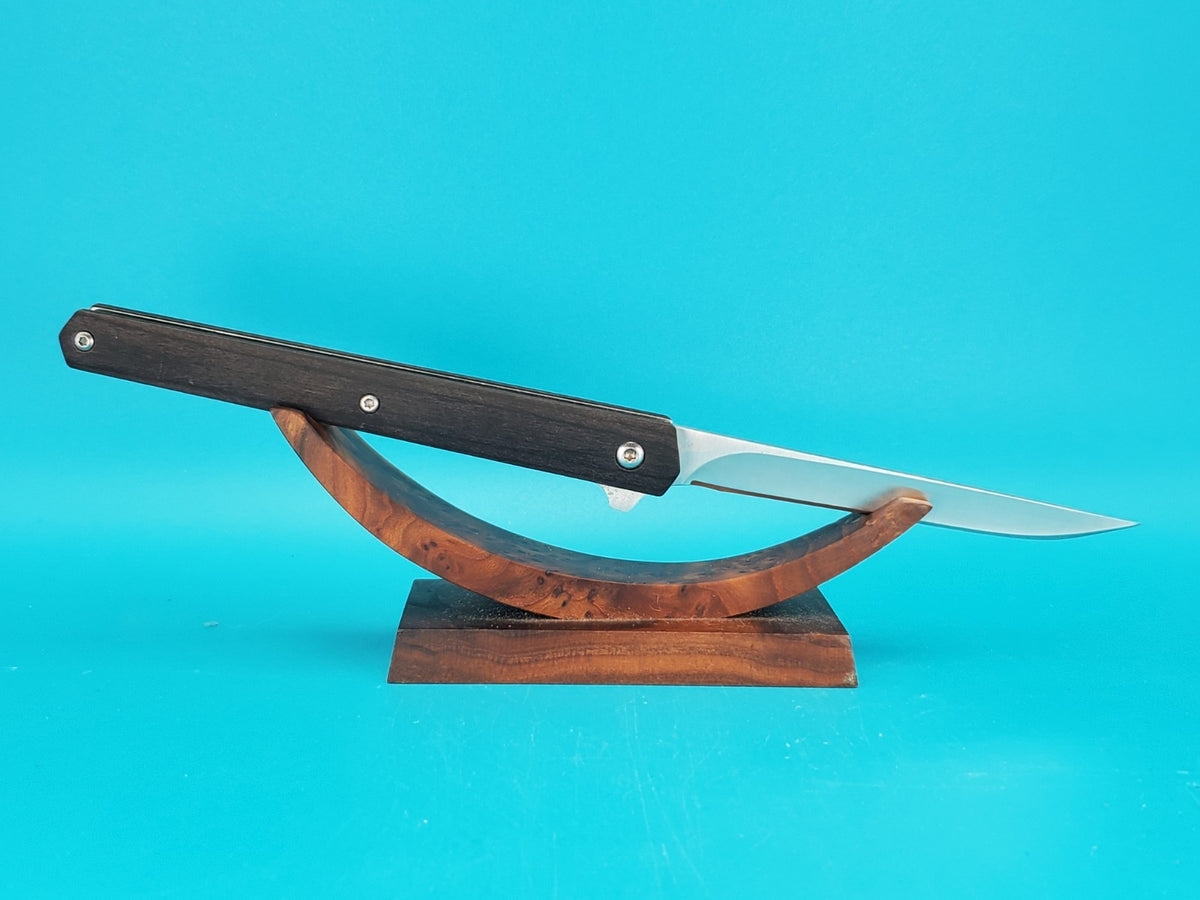 M390 Blade Wood Handle Plain Edge Flipper Knife! With Leather Sheath!