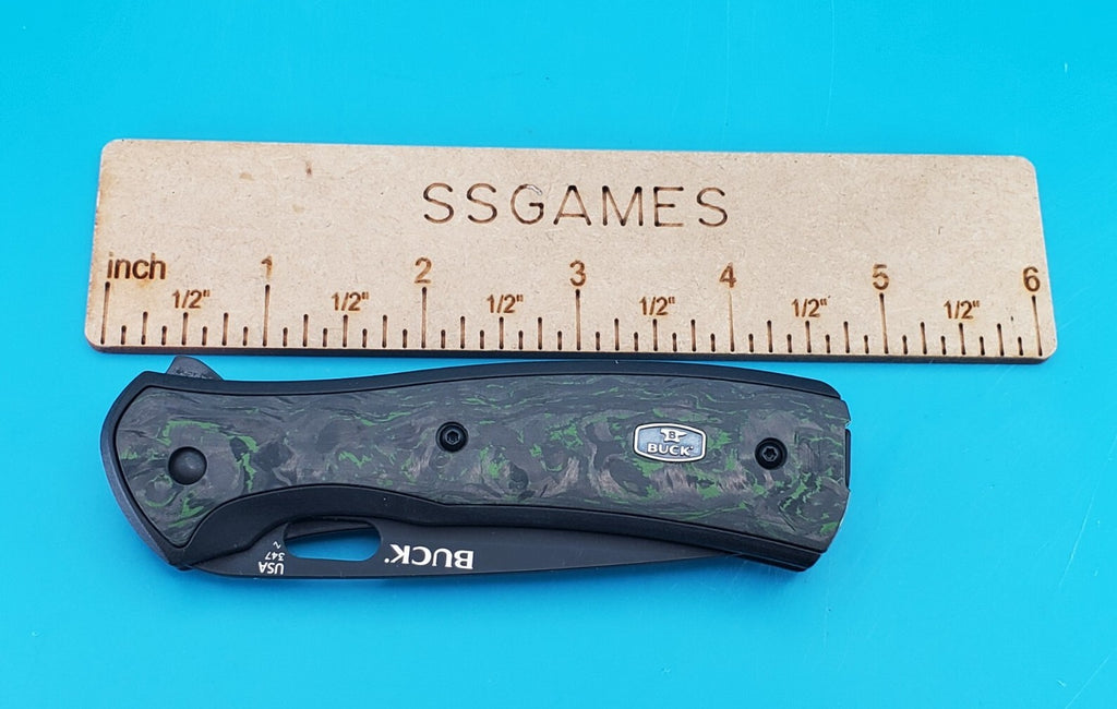 Buck March 2024 BOTM 347 Vantage! Green Marbled CF! Armor Black Cerakote S35VN