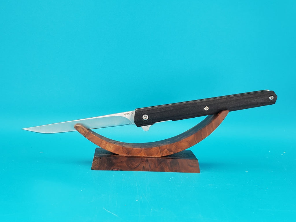 M390 Blade Wood Handle Plain Edge Flipper Knife! With Leather Sheath!