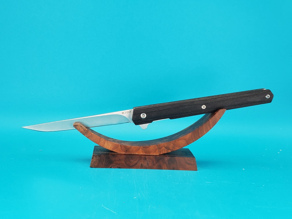 M390 Blade Wood Handle Plain Edge Flipper Knife! With Leather Sheath!