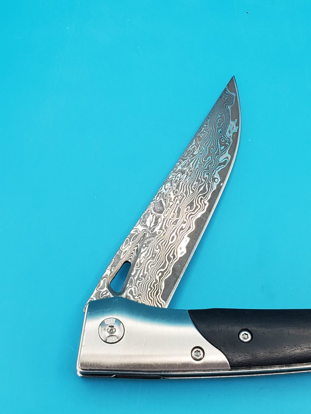 Damascus Pocket Knife, Wood handle! With Leather Sheath!