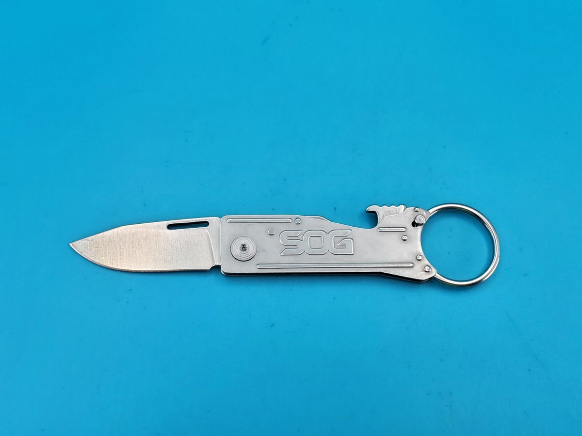 SOG Keychain Folding Pocket Knife Lockback Bottle Opener Gray Aluminum Handle!