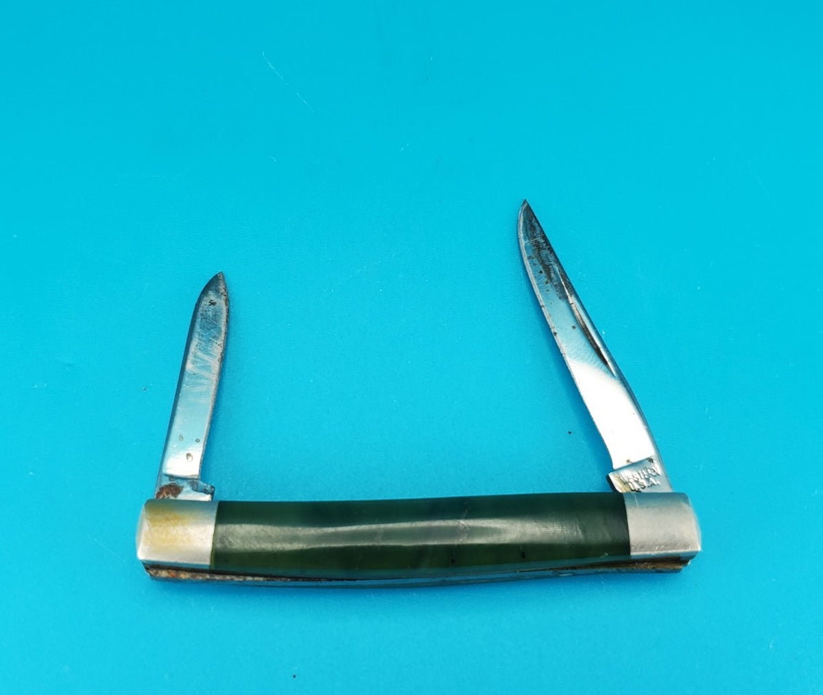 Vintage Western USA 441 Two Blade Pocket Knife! Green Handle!