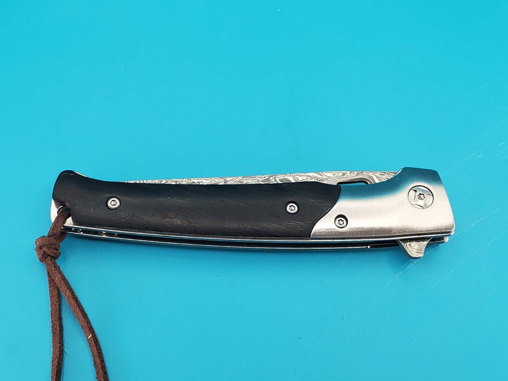 Damascus Pocket Knife, Wood handle! With Leather Sheath!