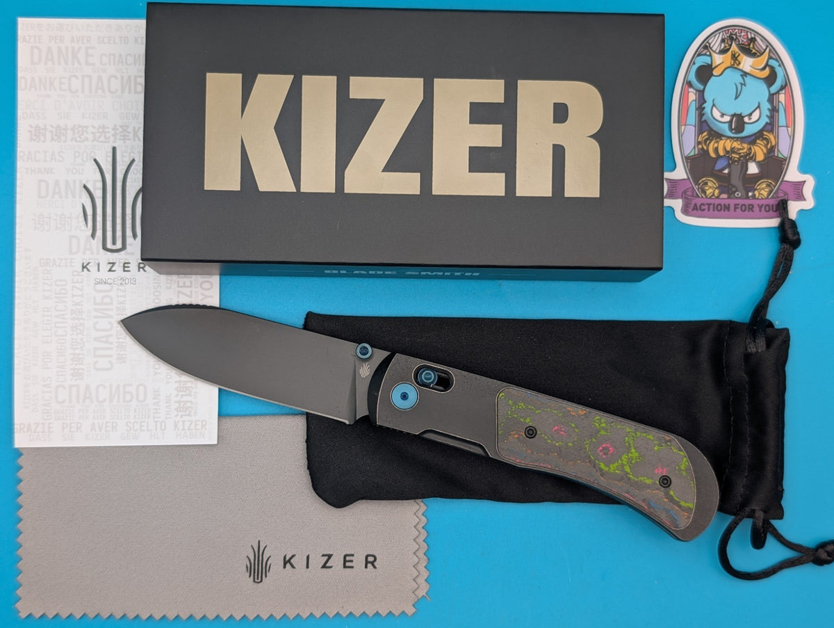 Kizer Tycho AZO M390 Blade Steel, Titanium Frame, 80’s Camo Carbon Handle